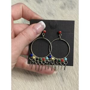 Native American Sterling Silver Multi-stone Hoop Earrings Turquoise Coral Lapis